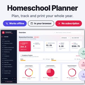 May include: A digital homeschool planner interface featuring a dark sidebar with navigation menus and a light main dashboard displaying attendance hours, lesson progress, grade distribution, and expense breakdowns with charts and data fields.