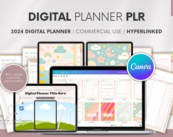 PLR Digital Planner | Hyperlinked 2024 Digital Planner Template | Canva Template Commercial License | Listing Mockup | PLR digital product