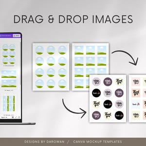 Puede incluir: Una maqueta digital con un port&aacute;til que muestra plantillas de dise&ntilde;o, junto con hojas de pegatinas y tarjetas impresas. El texto "DRAG & DROP IMAGES" est&aacute; en la parte superior. El texto inferior dice "DESIGNS BY DAROWAN / CANVA MOCKUP TEMPLATES".