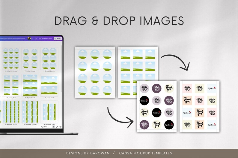 Puede incluir: Una maqueta digital con un port&aacute;til que muestra plantillas de dise&ntilde;o, junto con hojas de pegatinas y tarjetas impresas. El texto "DRAG & DROP IMAGES" est&aacute; en la parte superior. El texto inferior dice "DESIGNS BY DAROWAN / CANVA MOCKUP TEMPLATES".