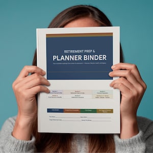May include: A white binder cover titled Retirement Prep & Planner Binder in dark blue with white text. It includes sections for financial profile, retirement vision, and healthcare, plus fields for name, date of birth, and target retirement date.