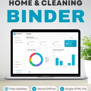 May include: A MacBook Pro displays a home and cleaning binder interface. The screen shows an overview with charts and data, including a maintenance cost of $584.99. The image also includes the text "Free Updates", "Works Offline", and "Single HTML File".