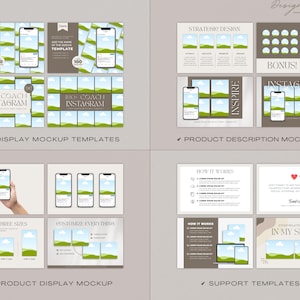May include: Mockup templates for Instagram featuring a green and blue landscape design. The templates are customizable and come in three sizes. The image also includes a product description mockup, a support template, and a bonus section.