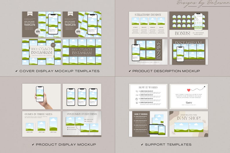 May include: Mockup templates for Instagram featuring a green and blue landscape design. The templates are customizable and come in three sizes. The image also includes a product description mockup, a support template, and a bonus section.