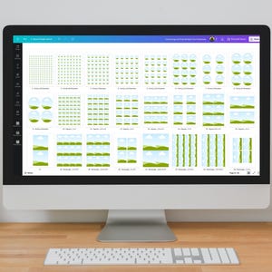 Puede incluir: Un ordenador de sobremesa muestra una plantilla de dise&ntilde;o con varios elementos gr&aacute;ficos verdes y blancos. La pantalla muestra m&uacute;ltiples opciones de dise&ntilde;o, incluyendo puntos, l&iacute;neas e ilustraciones de paisajes. Un teclado y un cactus en maceta est&aacute;n en primer plano.