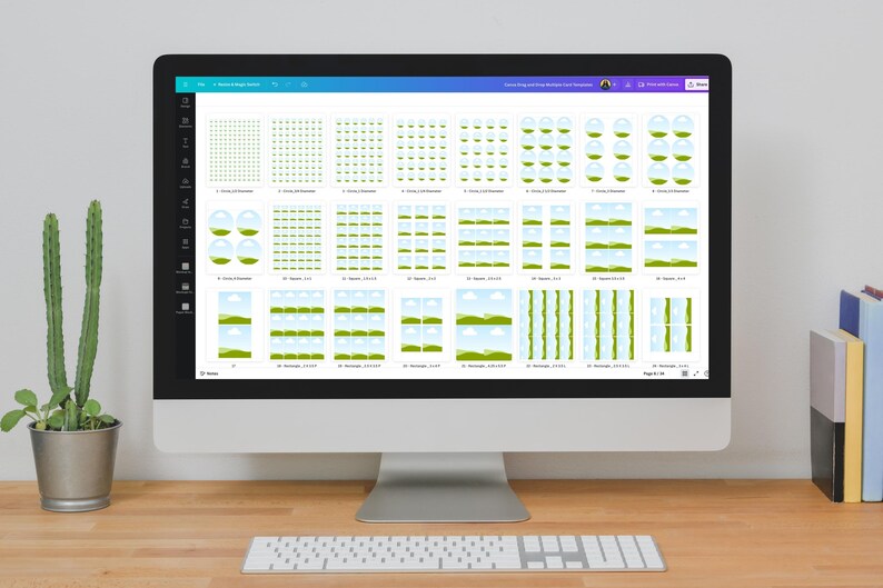 Puede incluir: Un ordenador de sobremesa muestra una plantilla de dise&ntilde;o con varios elementos gr&aacute;ficos verdes y blancos. La pantalla muestra m&uacute;ltiples opciones de dise&ntilde;o, incluyendo puntos, l&iacute;neas e ilustraciones de paisajes. Un teclado y un cactus en maceta est&aacute;n en primer plano.
