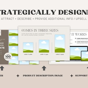 May include: A digital marketing template design with a brown background and the text "Add the name of the design template". The template comes in three sizes: 1080 x 1080, 1080 x 1250, and 1080 x 1920. The template also includes a support image with a laptop and tablet displaying a green landscape.