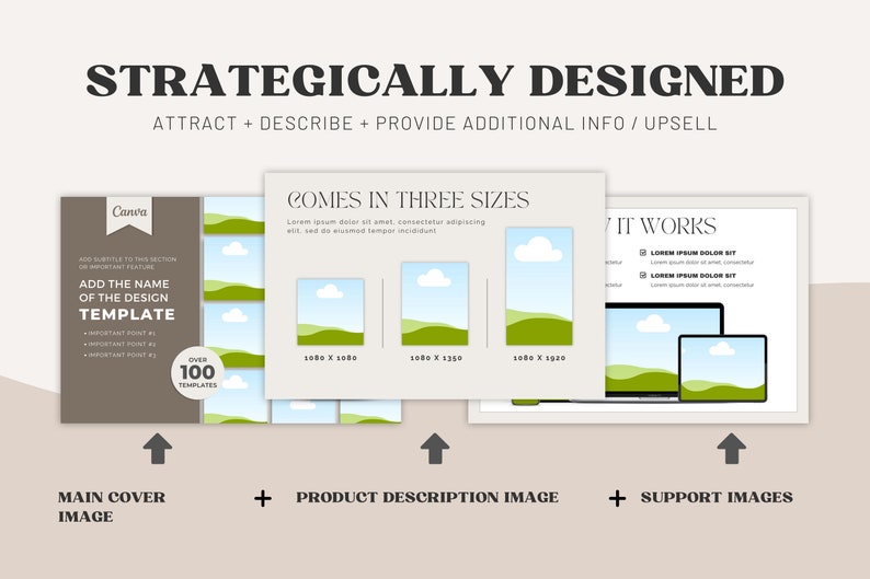 May include: A digital marketing template design with a brown background and the text "Add the name of the design template". The template comes in three sizes: 1080 x 1080, 1080 x 1250, and 1080 x 1920. The template also includes a support image with a laptop and tablet displaying a green landscape.