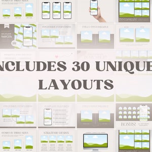 May include: A collage of 30 unique Instagram post layouts featuring a green and blue landscape design. The text "INCLUDES 30 UNIQUE LAYOUTS" is in the center of the image.