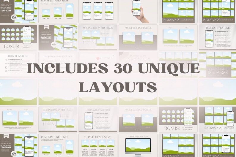 May include: A collage of 30 unique Instagram post layouts featuring a green and blue landscape design. The text "INCLUDES 30 UNIQUE LAYOUTS" is in the center of the image.