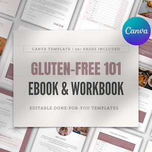 Op de afbeelding: Een Canva-sjabloon voor een glutenvrij 101 e-boek en werkboek. Het sjabloon bevat 30 pagina's en heeft een roze en witte kleurstelling. De omslagfoto toont een bord met eten met een glutenvrij gerecht.
