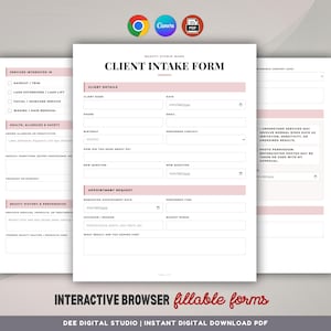 May include: A digital client intake form with sections for client details, appointment requests, and health information. The form is designed for beauty studios and is available as an instant digital download PDF.