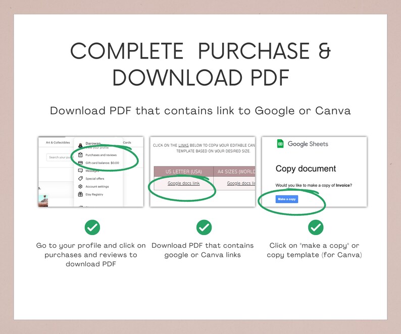 Peut inclure: Une capture d'&eacute;cran d'un ordinateur montrant des instructions sur la fa&ccedil;on de t&eacute;l&eacute;charger un fichier PDF contenant des liens vers Google Docs et Canva. Les instructions sont destin&eacute;es aux vendeurs Etsy qui souhaitent partager leurs mod&egrave;les modifiables avec les acheteurs.