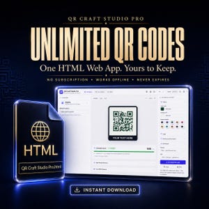 May include: A digital software product titled QR Craft Studio Pro featuring a tablet displaying a QR code generator interface and a file icon labeled QR Craft Studio Pro.html. Text includes Unlimited QR Codes, One HTML Web App, Yours to Keep, No Subscription, Works Offline, Never Expires, and Instant Download.