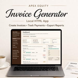 May include: A laptop showing an invoice generator application with the text "Invoice Generator" and "Local HTML App". A cup of coffee, a saucer, and an invoice are on the table.
