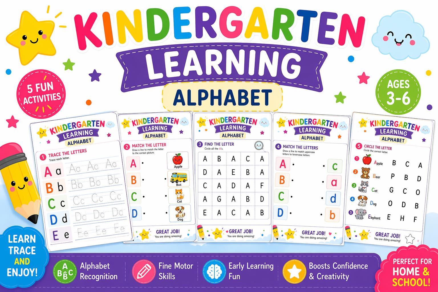 Kindergarten Learning Bundle | Alphabet, Numbers, Shapes Workbook (ages ...