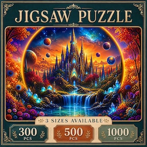 May include: A jigsaw puzzle box featuring a fantasy castle scene with a waterfall, glowing crystals, and planets in a vibrant sky. The text JIGSAW PUZZLE is at the top, and the bottom displays 3 SIZES AVAILABLE with options for 300, 500, and 1000 PCS.