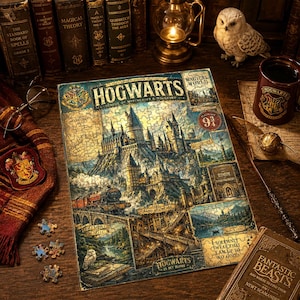 May include: A Hogwarts School of Witchcraft and Wizardry jigsaw puzzle featuring a central castle illustration, a steam train, and various magical scenes. The puzzle is surrounded by a scarf, glasses, a mug, a wand, and books on a wooden surface.