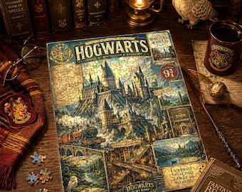 Hogwarts Castle Jigsaw Puzzle, Vintage Wizard School Fantasy Art, Magical Castle Map Collage, Train Adventure Gift for Fantasy Lovers