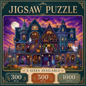 Può includere: Una scatola di puzzle con l'illustrazione di una casa stregata con fantasmi, scheletri e zucche sotto un cielo viola al tramonto. Il testo recita JIGSAW PUZZLE e 3 SIZES AVAILABLE con 300 PCS, 500 PCS e 1000 PCS chiaramente indicati.