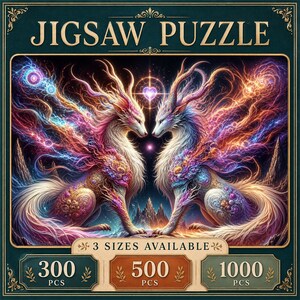 May include: A jigsaw puzzle box featuring two mythical creatures with long horns and flowing fur in shades of pink, blue, and gold. The text JIGSAW PUZZLE is at the top, with 3 SIZES AVAILABLE and 300, 500, and 1000 PCS labels at the bottom.