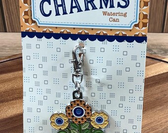 Watering Can Charm Zipper Pull Fob Keychain Garden Accessory Gardener Gift Cottage Style Floral Design Metal Scissor Tag Sewing Bag Dangle
