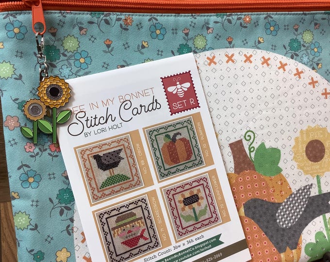 Lori Holt Autumn Cross Stitch Bundle: Zippered Organizer, Stitch Card R, Sunflower Charm