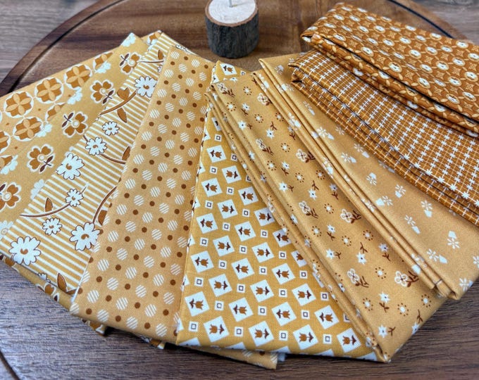 Lori Holt Denim and Daisy Quilting Cotton Bundle: Golden Yellow Floral Prints (9-Piece)