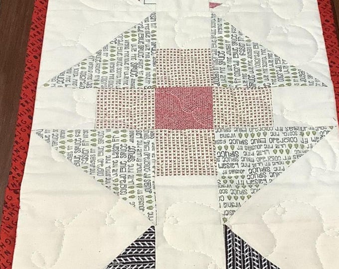 Handmade Quilted Christmas Table Runner: Patchwork Farmhouse Holiday Centerpiece (Red Barn Fabric)
