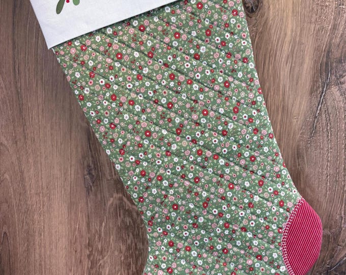Handmade Quilted Christmas Stocking: Tilda Fabric, Botanical Bow, Heirloom Keepsake