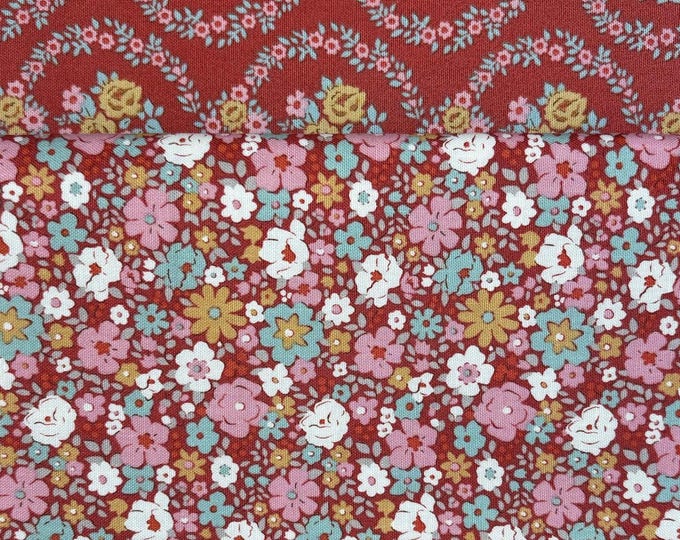 Tilda Village Life Rust Floral Quilting Cotton Bundle: Cottage Garland Print (2 Yards)