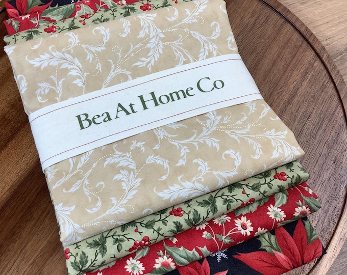 Moda Poinsettia Plaza Cotton Fabric Bundle: Holiday Floral Prints (4 Half Yards)