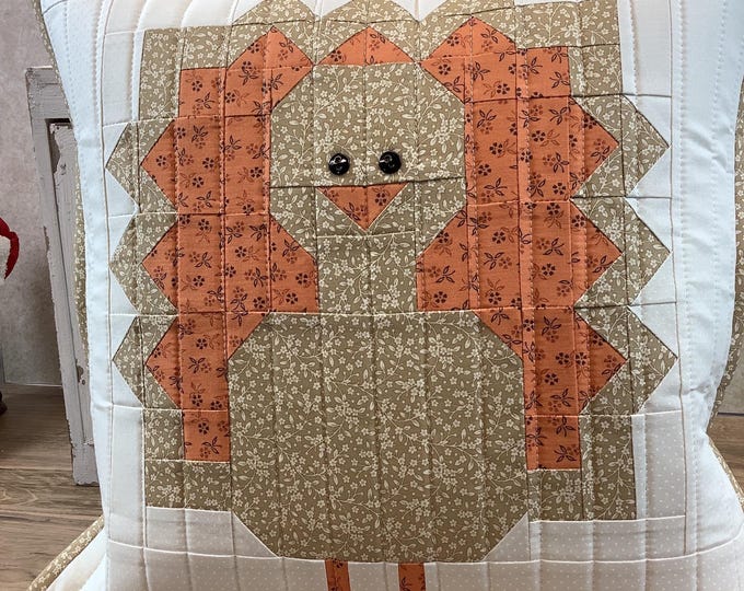 Handmade Quilted Turkey Pillow Cover: 18" Square Thanksgiving Farmhouse Accent