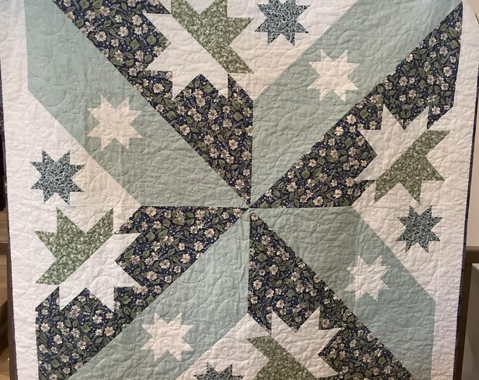 Handmade Star Quilt: Floral Cotton Throw, Navy Sage Cream Patchwork, True Love Fabric by Lella Boutique for Moda Fabrics