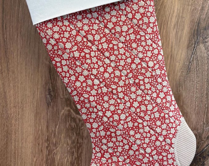 Handmade Tilda Fabric Christmas Stocking: Quilted Cotton, Bow Detail, Cottage Farmhouse Style