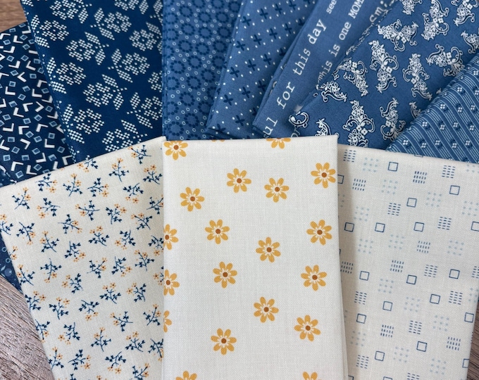 Lori Holt Denim & Daisy Riley Blake Fabric Bundle: Blue Floral Geometric Quilting Cotton (11-Piece)