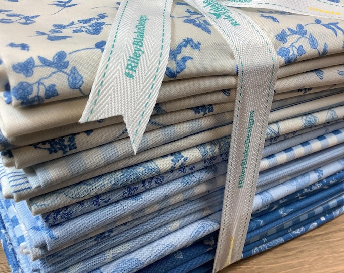Penelope Fabric Collection by My Mind's Eye for Riley Blake; Blue Cream Floral Quilting Cotton Bundle: Coordinated Prints, Stripes, Gingham