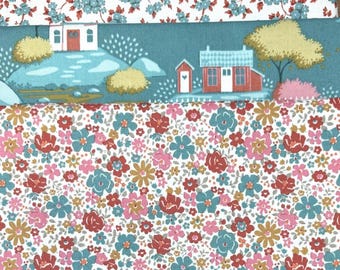 Tilda Village Life Teal Quilting Cotton Village Scene Fabric Bundle Three Yard One Cuts Coordinated Set Cream Floral Cottage Print Patchwork