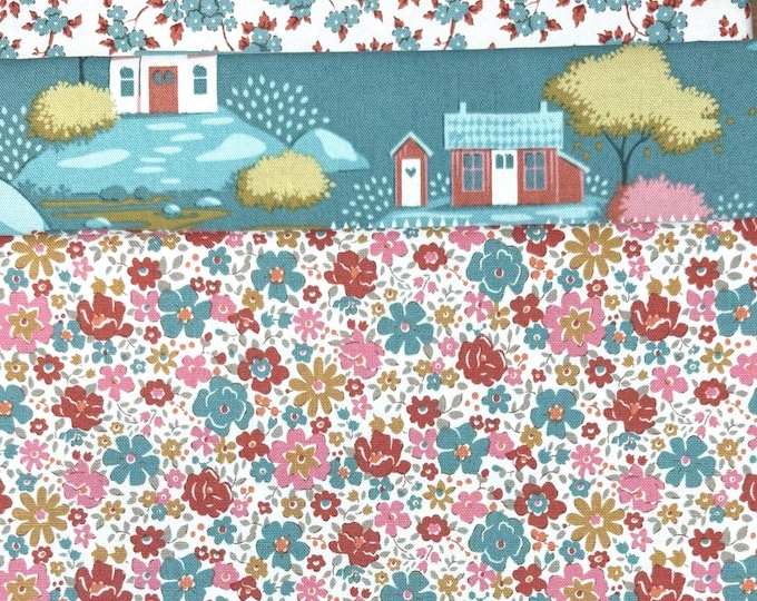 Tilda Village Life Quilting Cotton Bundle: Teal Village Scene, Cream Floral (3 Yards)