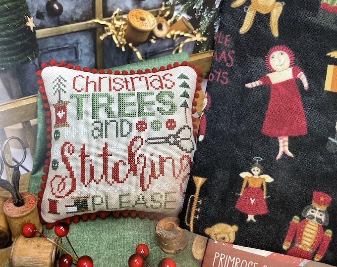 Primrose Cottage Christmas Cross Stitch Bundle: Christmas Trees & Stitching Please Chart + Quilted Notions Pouch