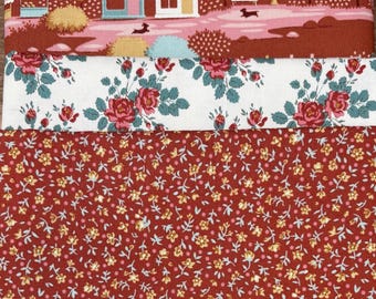 Tilda Village Life 3 Yard Fabric Bundle – Rust Village Scene and Cream Roses, Three Coordinating One-Yard Cuts