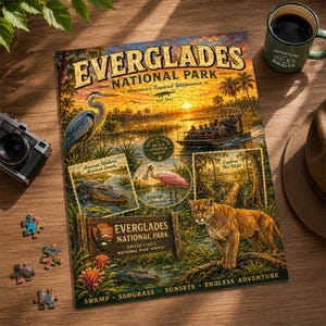 Op de afbeelding: Een voltooide legpuzzel van Everglades National Park met een gedetailleerde illustratie van de flora en fauna en landschappen. De puzzel bevat de tekst "Everglades National Park" en "Endless Adventure."
