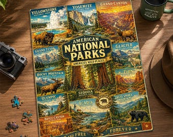 Gepersonaliseerde vintage Amerikaanse nationale parken legpuzzel, Yellowstone Yosemite Grand Canyon, gepersonaliseerd cadeau voor liefhebbers van natuurreizen
