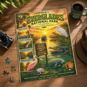 Op de afbeelding: Een voltooide Everglades National Park-puzzel met een zonsondergangscène, met dieren in het wild zoals alligators en vogels. De puzzel bevat de tekst "Explore Discover Adventure Awaits" en "Keep The Everglades Wild". Een mok en camera zijn in de buurt.