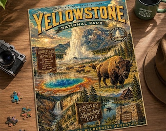 Gepersonaliseerde legpuzzel Yellowstone National Park, puzzel vintage reisposter, Old Faithful Wildlife Art cadeau voor natuurliefhebbers