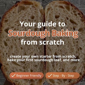 May include: A close-up of two halves of a sourdough loaf, with the text "Your guide to Sourdough Baking from scratch". The image includes text about creating a starter and baking a loaf. The background is newspaper.