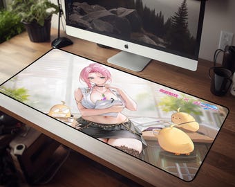 Alfombrilla de ratón XL para juegos con diseño de waifu de anime, alfombrilla de ratón con chica anime de pelo rosa, alfombrilla de escritorio grande, regalo ideal para gamers, decoración kawaii.