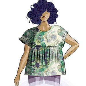 May include: A short-sleeved blouse featuring a pleated bodice and a botanical print with green leaves and white flowers on a dark background. The garment has a round neckline and ruffled sleeve edges, worn by a figure with dark curly hair.