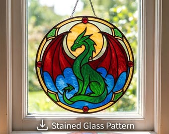 Patrón de vidriera de dragón, atrapasoles de fantasía SVG PDF PNG, plantilla de lámina de cobre
