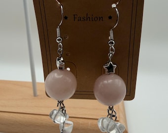 Rose Quartz earrings with the addition of clear quartz adds to the look, with a tiny star with surgical steel ear wire